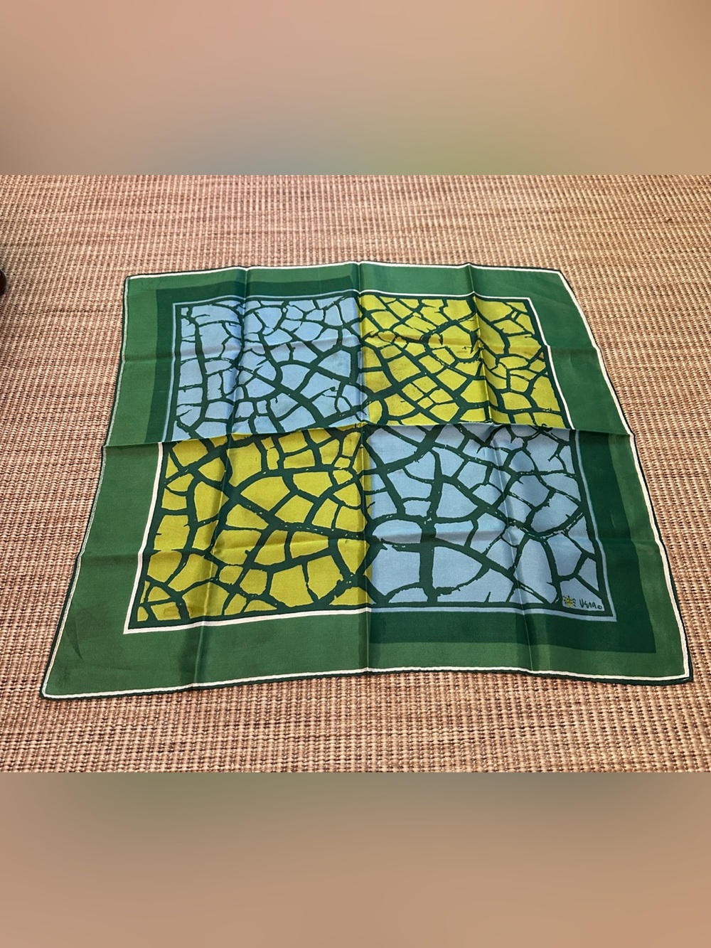 Vintage MCM Vera Neumann Silk Scarf Geo Print 23” Square Greens Blues